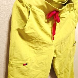 Figs Yellow Cargo Pants with pink Drawstring